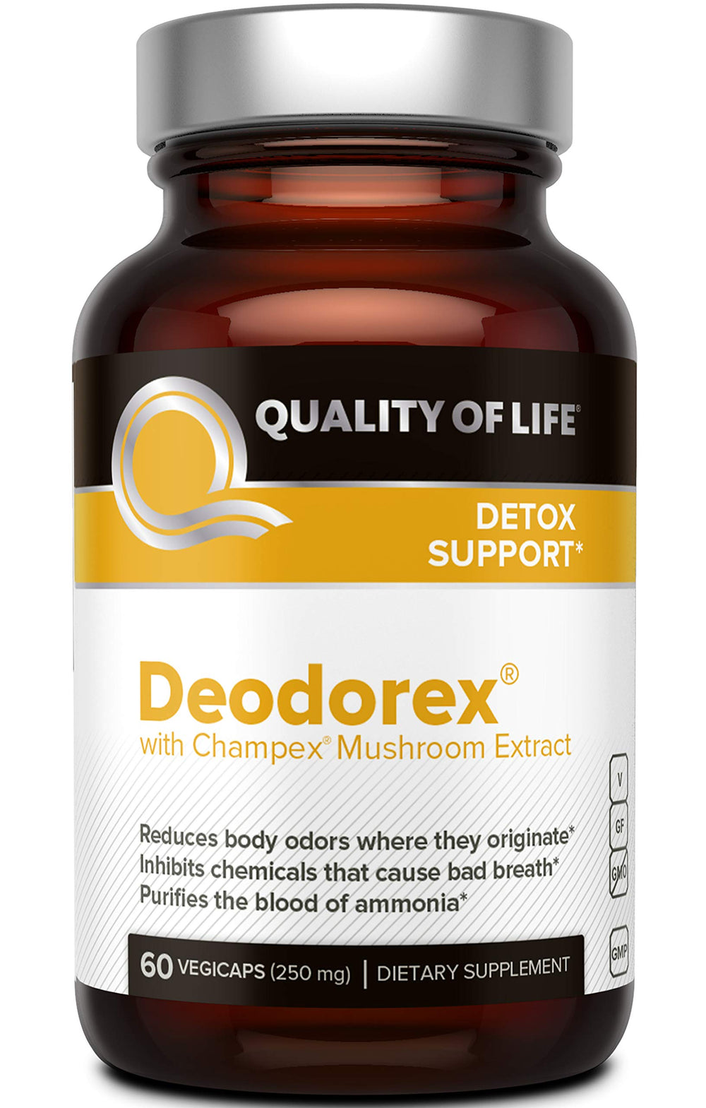Quality of Life Deodorex bottle on a counter, highlighting convenient detox support.