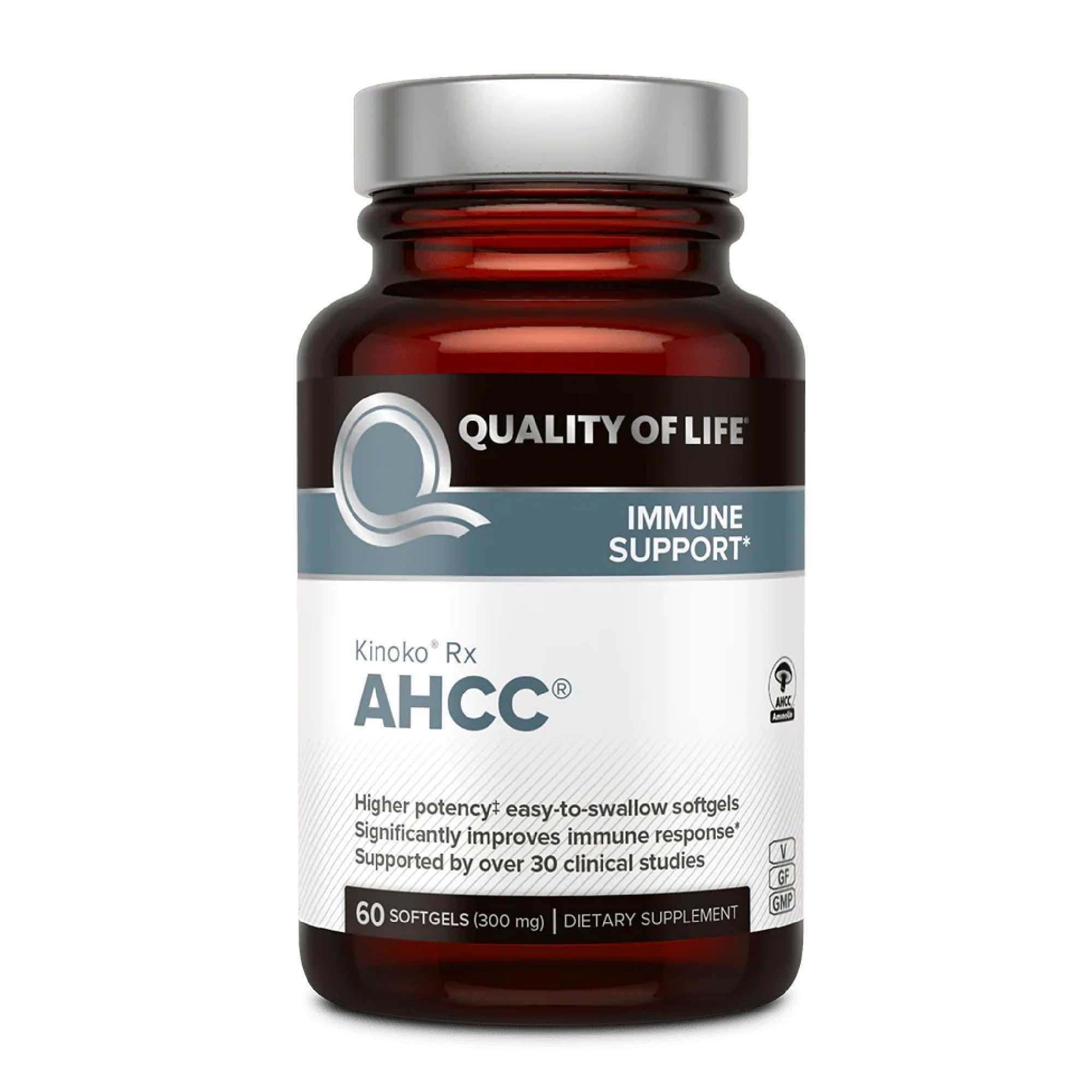 Quality of Life AHCC Rx softgel bottle shows branding and immune support potential