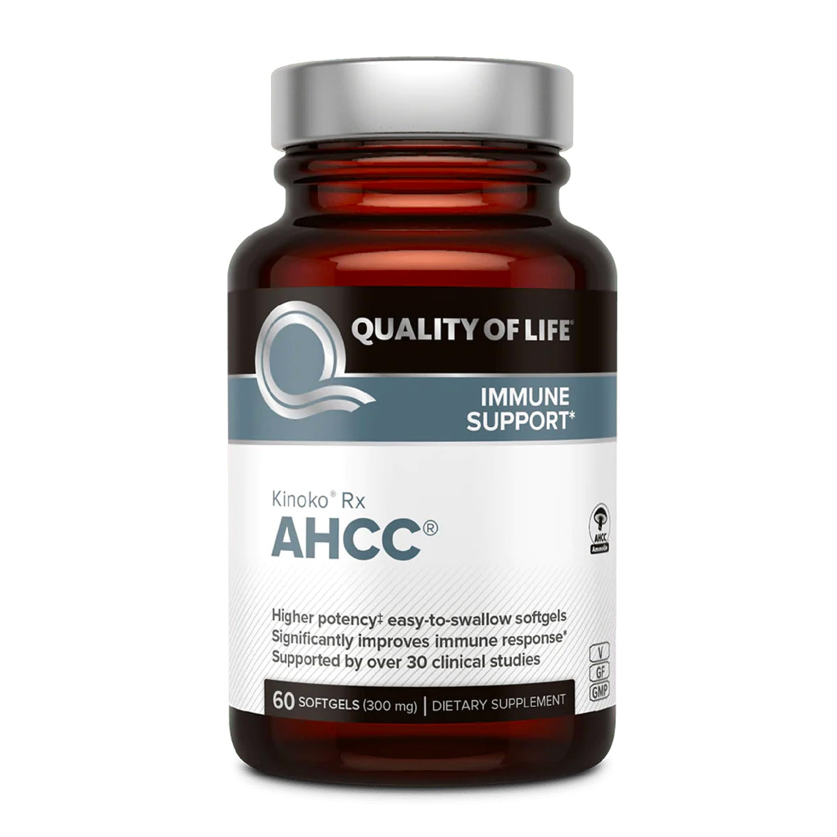 Quality of Life AHCC Rx softgel bottle shows branding and immune support potential