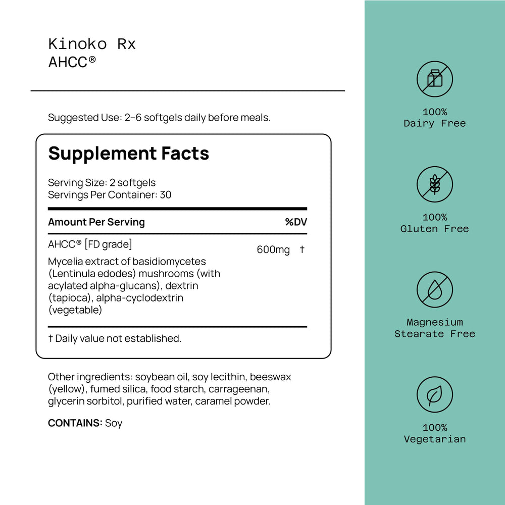 Quality of Life AHCC Rx softgel capsules arranged for daily immune support use