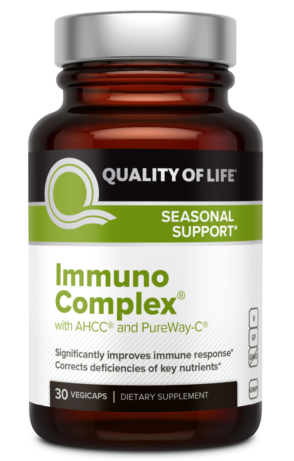 Quality of Life Immuno Complex bottle front featuring the AHCC blend for immune support