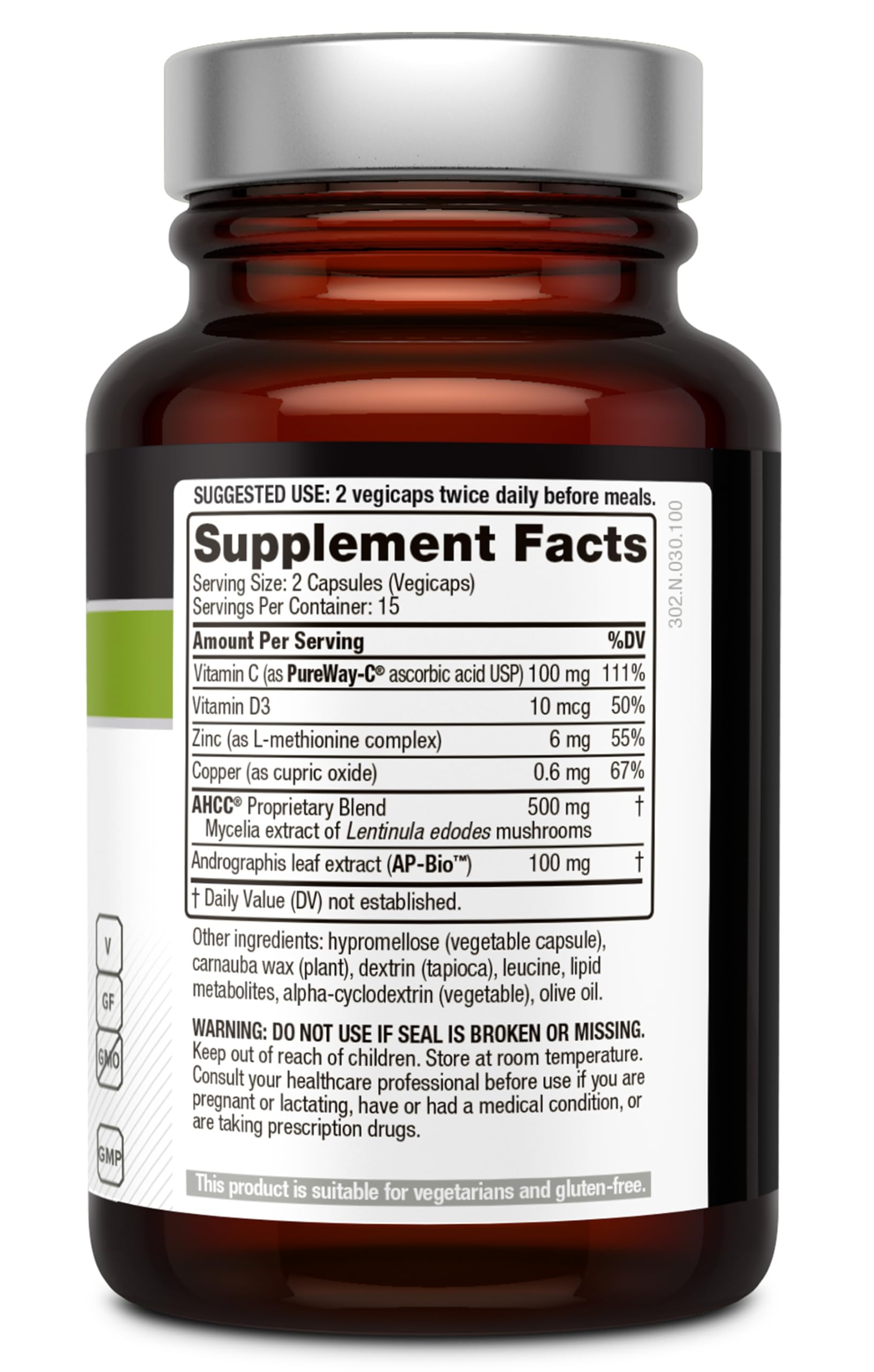 Closeup of Immuno Complex ingredients with AHCC, vitamins and minerals