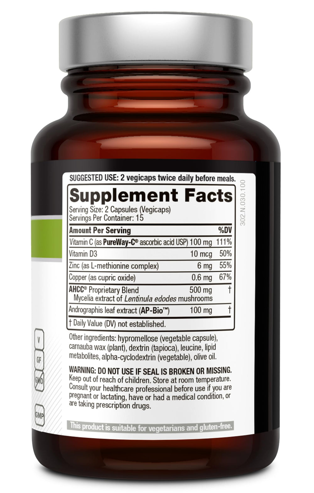 Closeup of Immuno Complex ingredients with AHCC, vitamins and minerals
