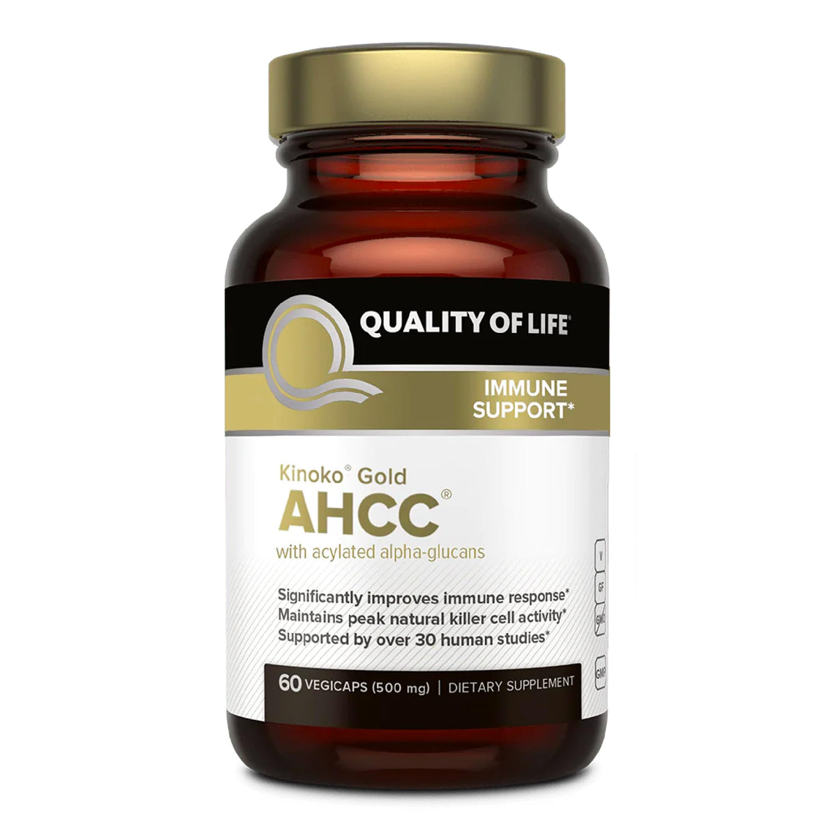 Quality of Life Kinoko Gold bottle highlights immune support potential.