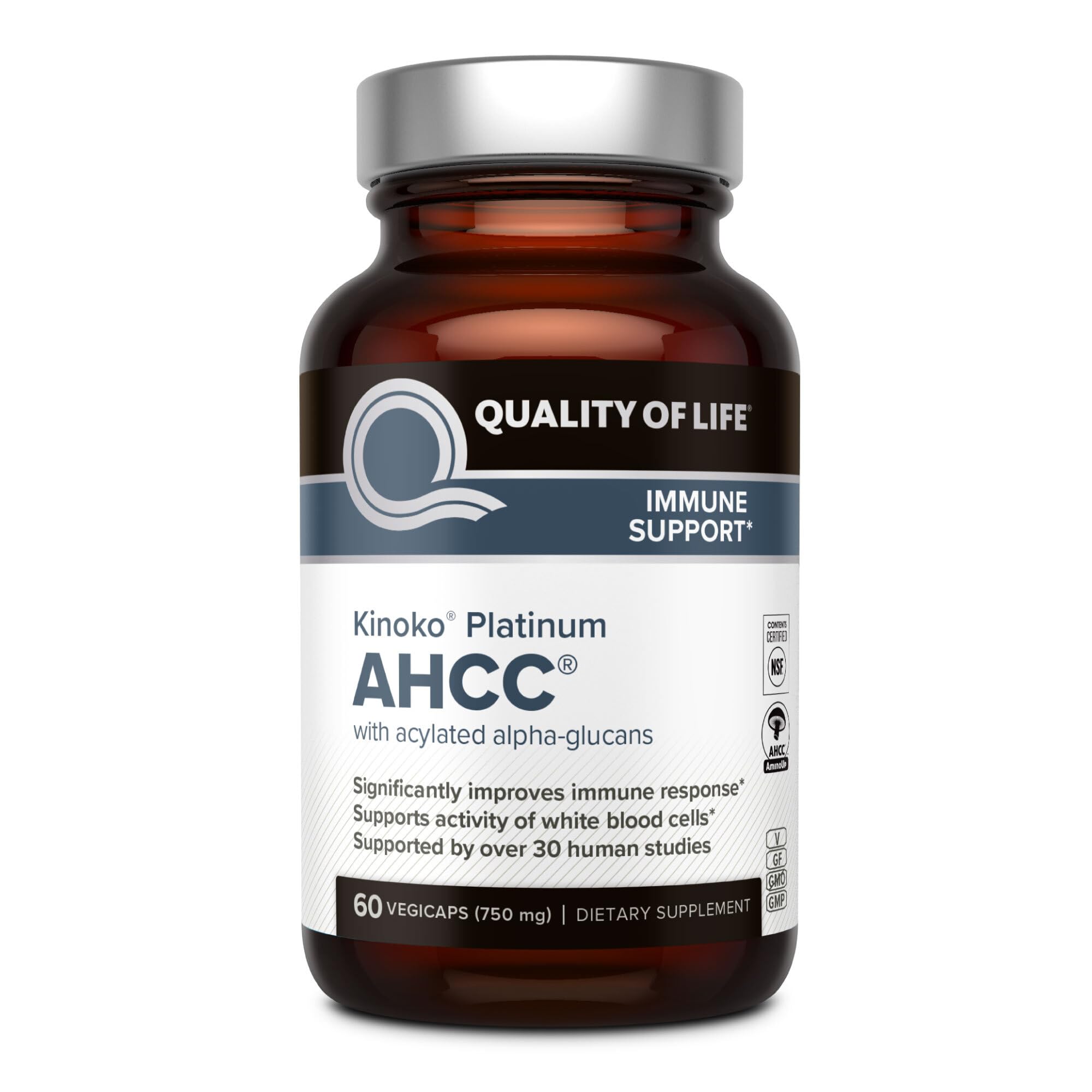 Quality of Life Kinoko Platinum bottle showcases potent AHCC immune support for daily wellness.
