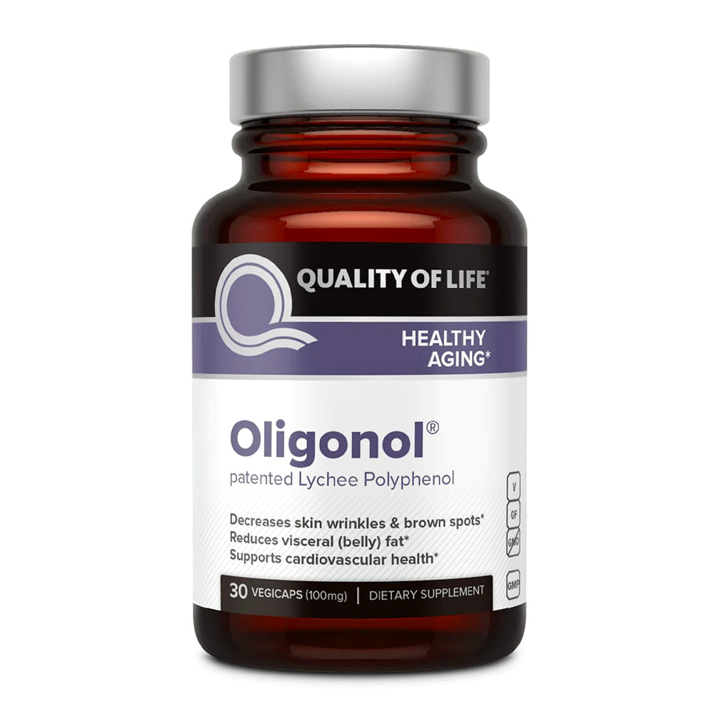 Quality of Life Oligonol Premium bottle front suggests healthy aging and circulation.