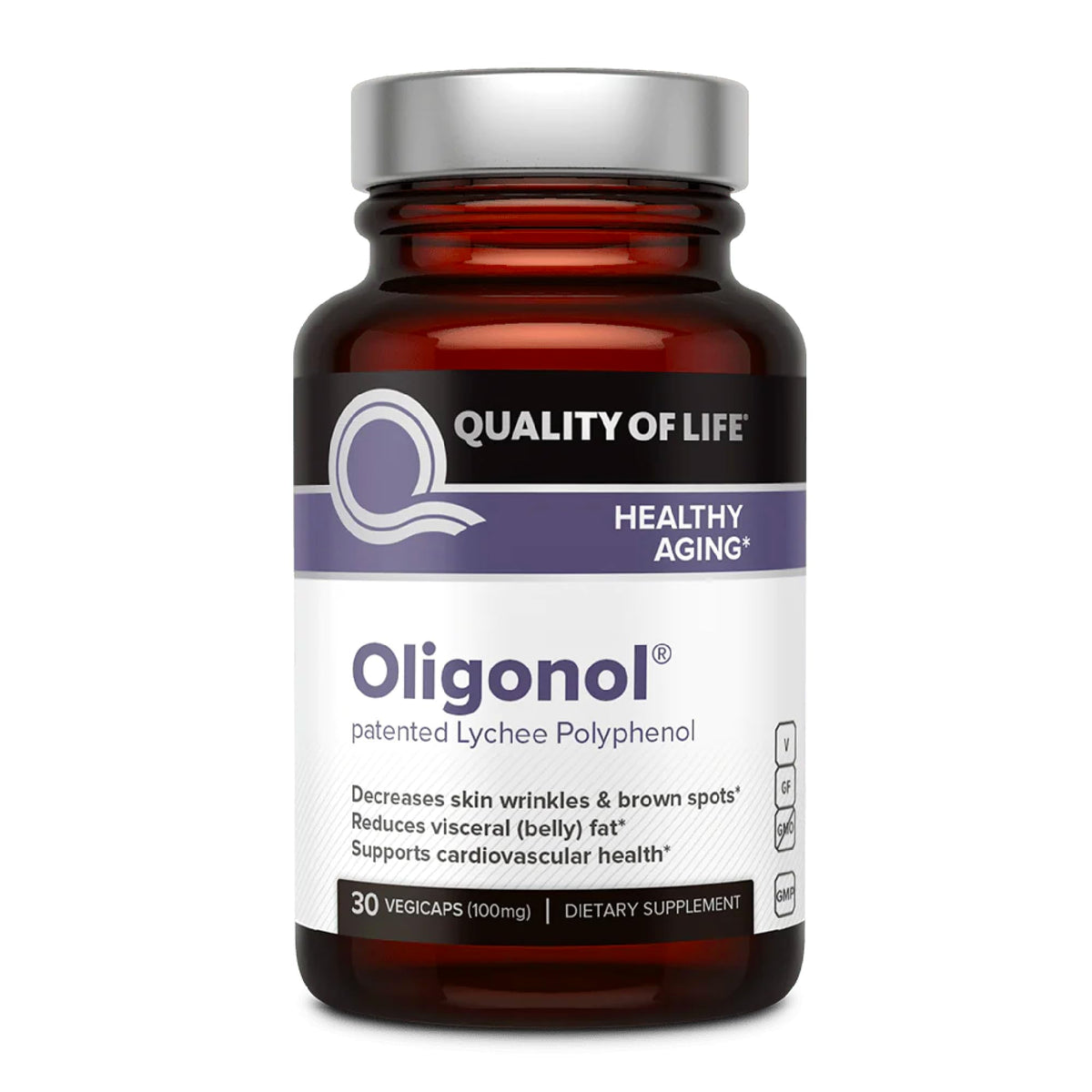 Quality of Life Oligonol Premium bottle front suggests healthy aging and circulation.