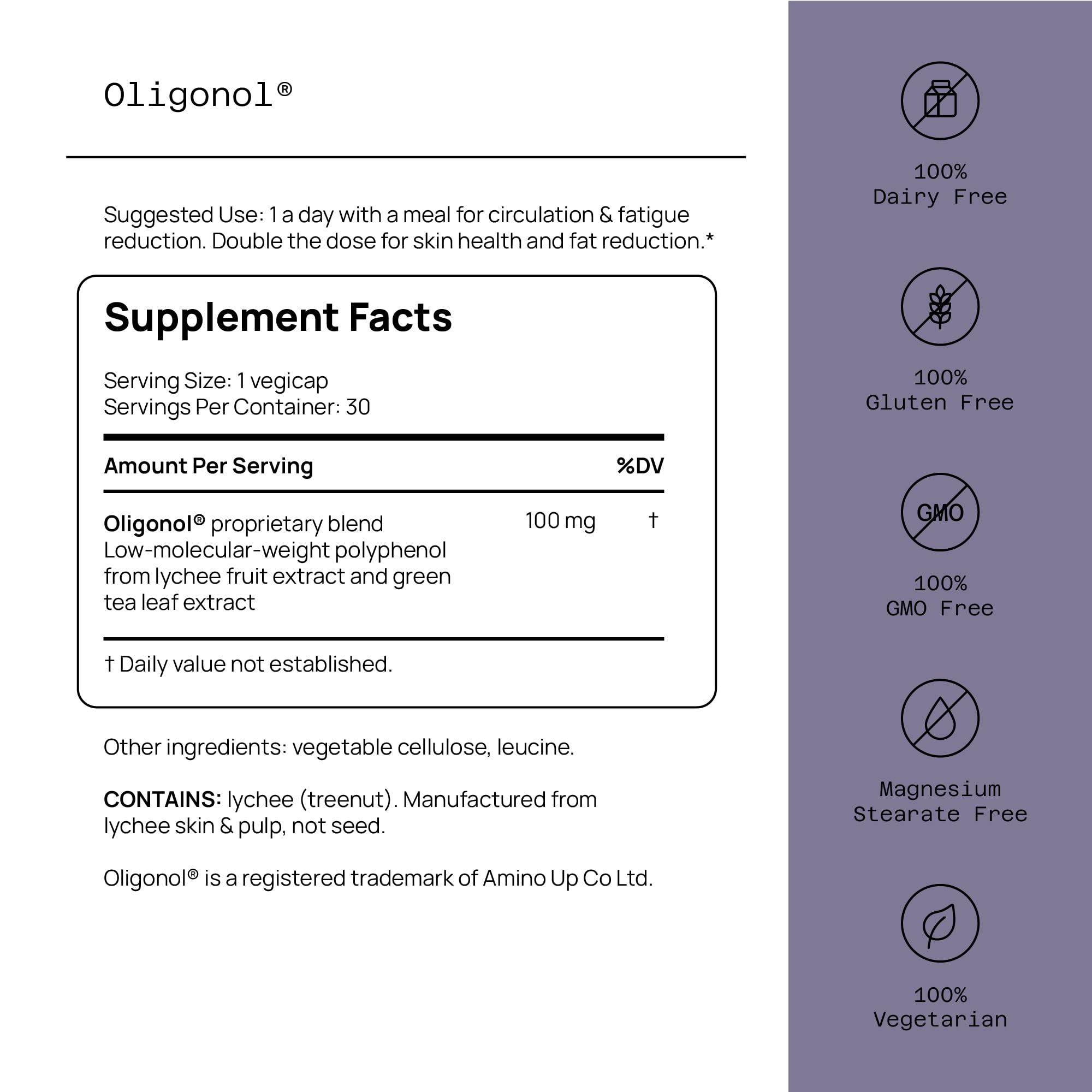 Quality of Life Oligonol Premium capsule close-up highlighting lychee and green tea extract for antioxidant support.