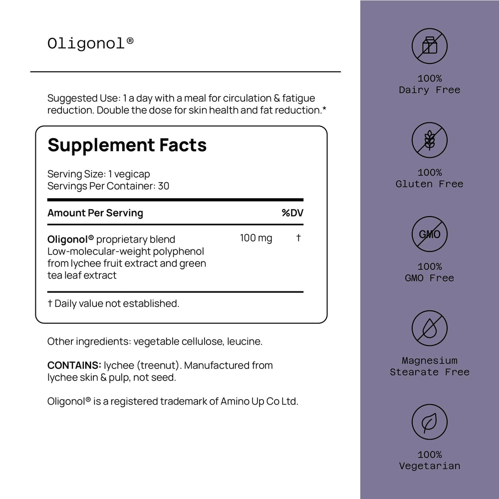 Quality of Life Oligonol Premium capsule close-up highlighting lychee and green tea extract for antioxidant support.