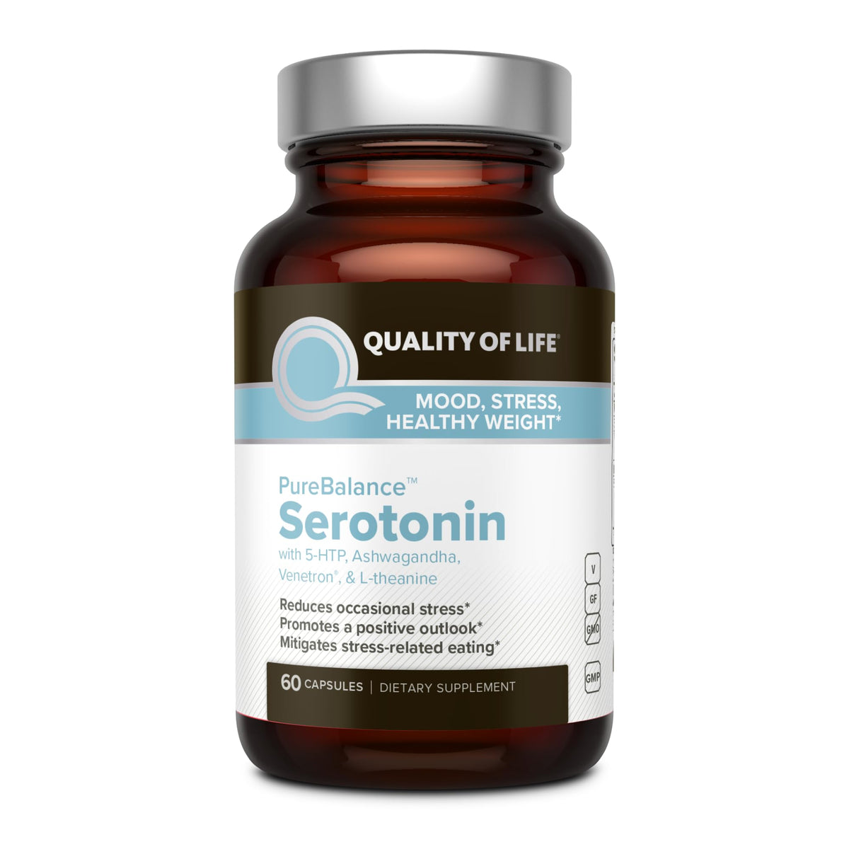 Quality of Life Pure Balance Serotonin bottle front suggests mood support and daily calm.