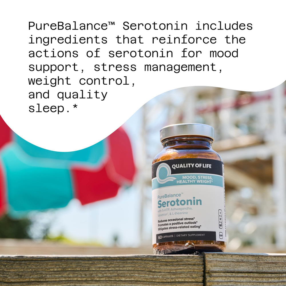Quality of Life Pure Balance Serotonin ingredients 5-HTP Venetron Sensoril highlight natural stress support.