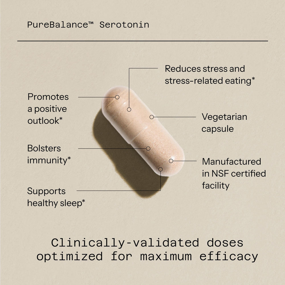 Quality of Life Pure Balance Serotonin label detail shows vegan, gluten-free attributes.