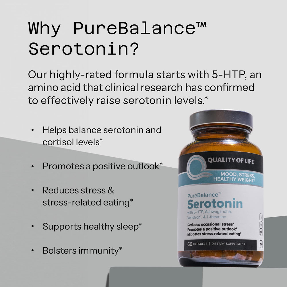 Quality of Life Pure Balance Serotonin packaging in-use demonstrates a simple daily routine.