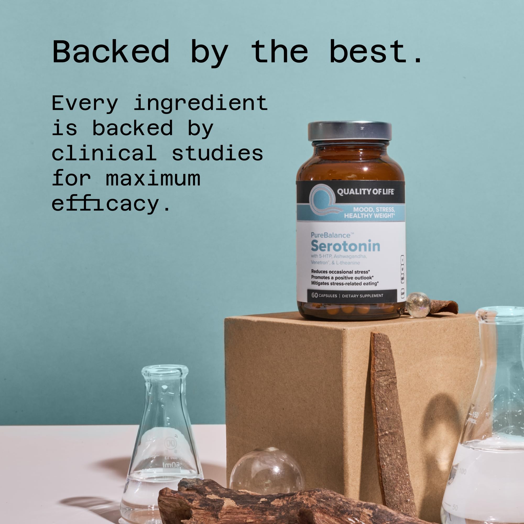 Quality of Life Pure Balance Serotonin vegan gluten-free icon conveys inclusive dietary options.