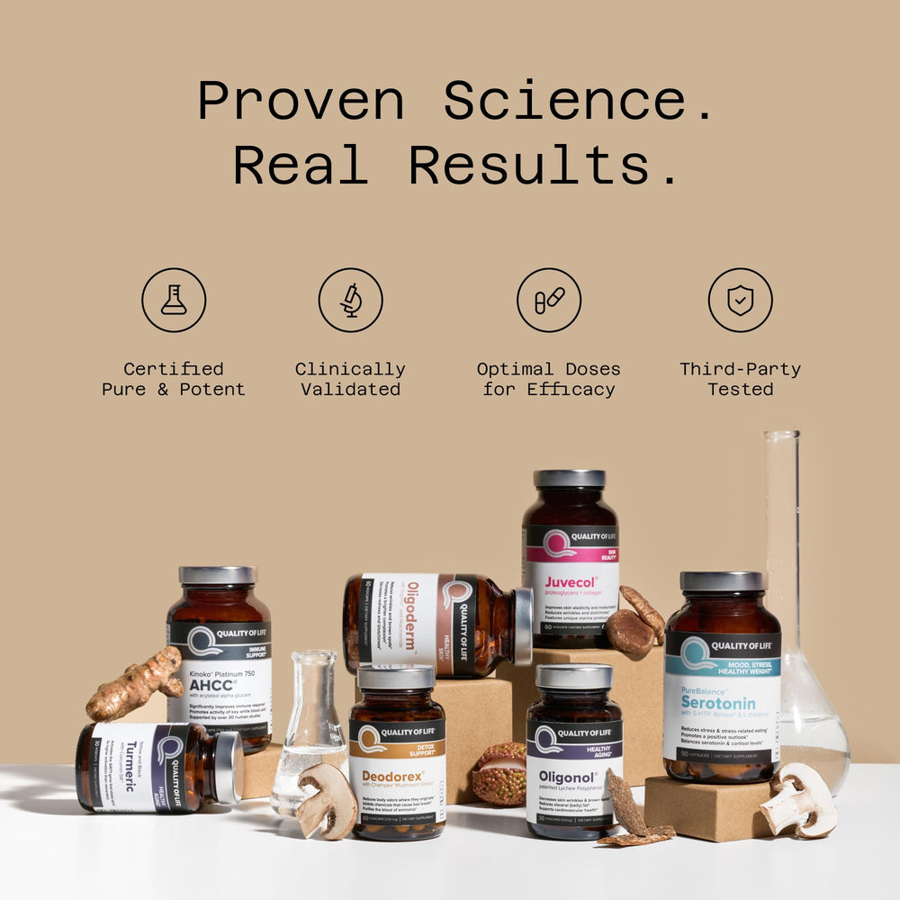Quality of Life Pure Balance Serotonin vitamin-D3-L-theanine blend illustrates a wellness-focused formula.