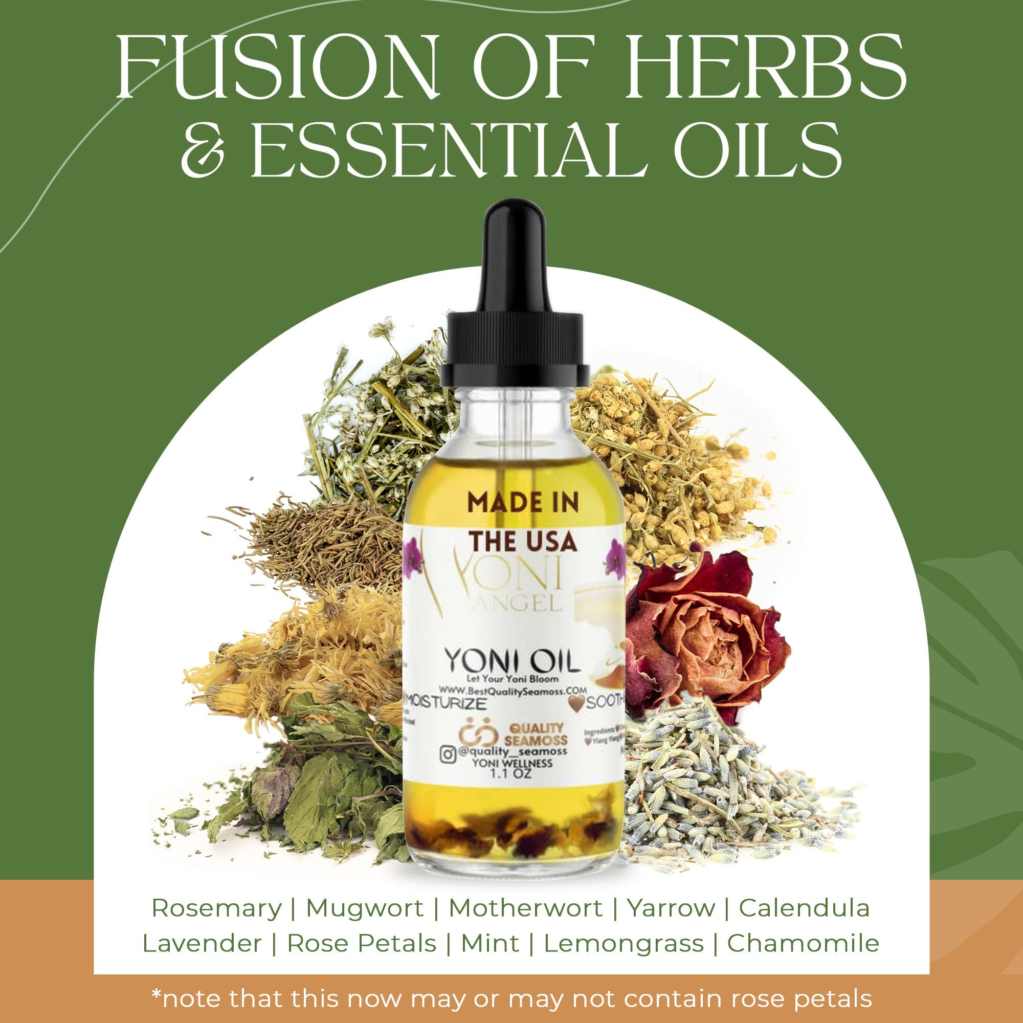 Quality Seamoss Yoni Oil herbal blend ingredients highlighted for sensitive skin.