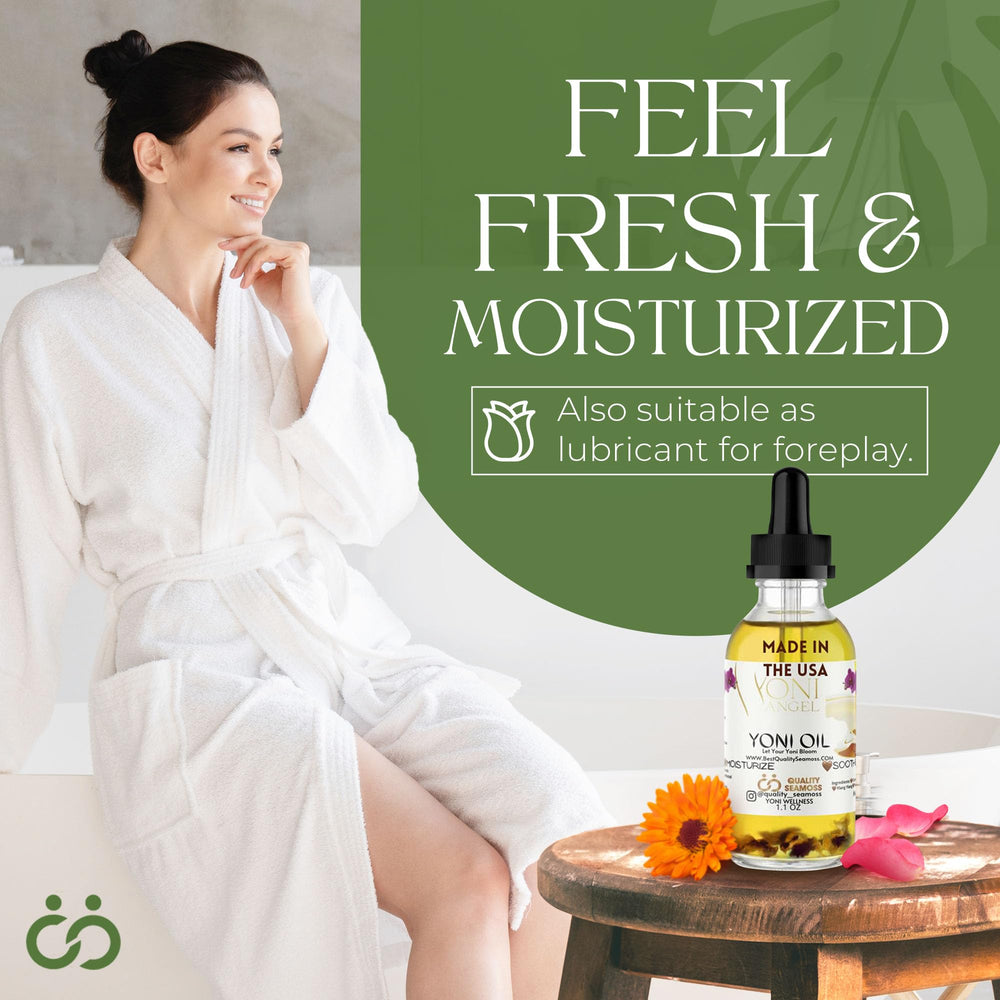 Quality Seamoss Yoni Oil packaging front emphasizing natural formulation.