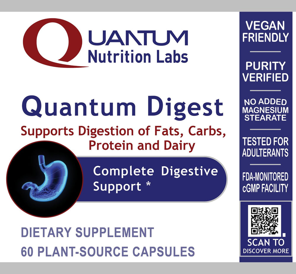 Quantum Nutrition Quantum Digest packaging emphasizes plant-based quality and purity.