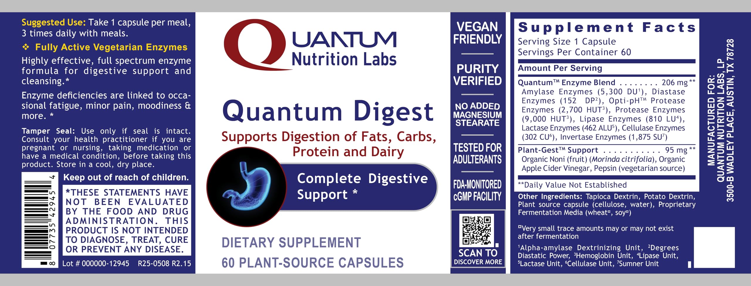 Vegan-friendly label and seal on Quantum Digest indicating plant-based enzyme formula.