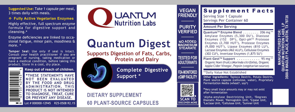 Vegan-friendly label and seal on Quantum Digest indicating plant-based enzyme formula.