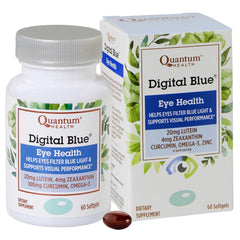 Quantum Digital Blue eye softgels in bottle front supporting eye nutrition for digital device users.