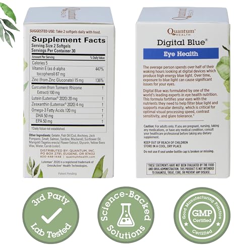 Quantum Digital Blue softgels closeup highlighting lutein and zeaxanthin ratio for macula support.