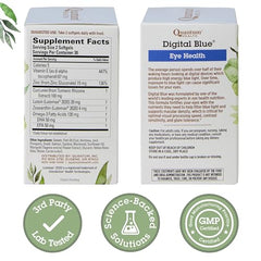 Quantum Digital Blue softgels closeup highlighting lutein and zeaxanthin ratio for macula support.
