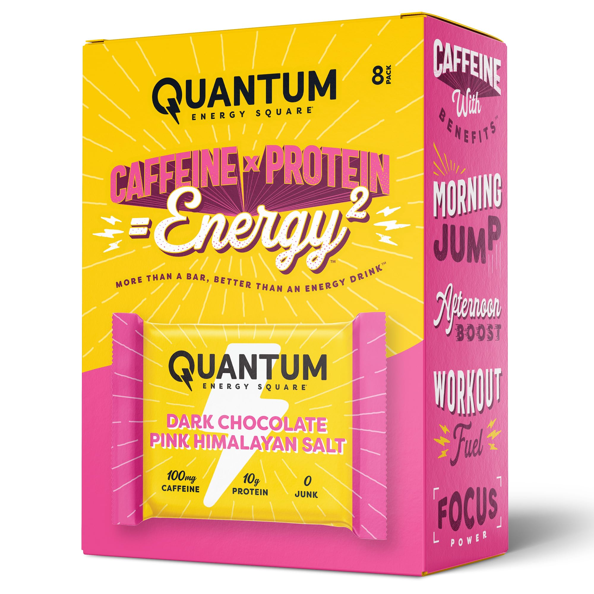 Quantum Energy Square – Caffeine + 10g Protein Bar | Vegan & Gluten-Free | Dark Chocolate Pink Himalayan Salt