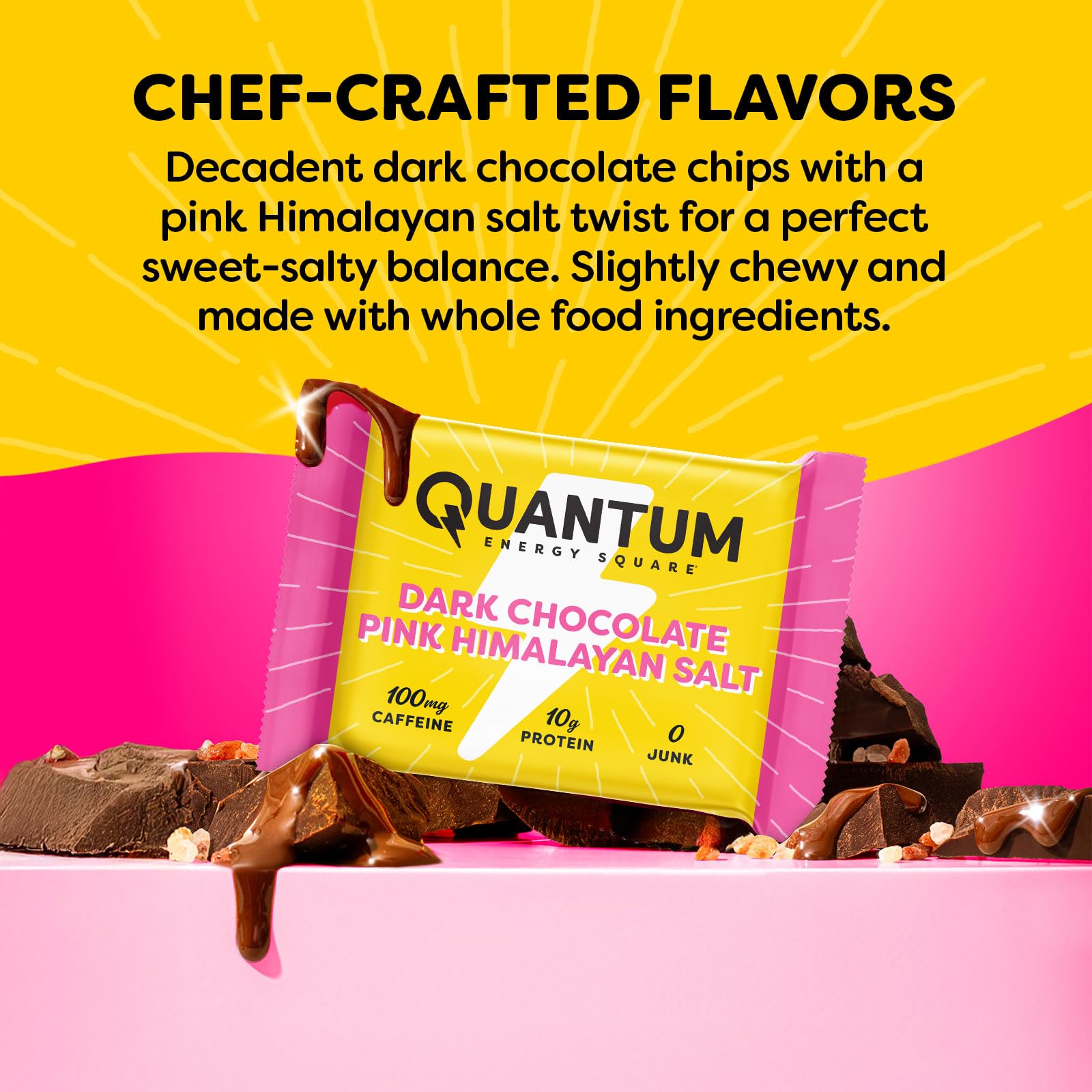 Quantum Energy Square – Caffeine + 10g Protein Bar | Vegan & Gluten-Free | Dark Chocolate Pink Himalayan Salt