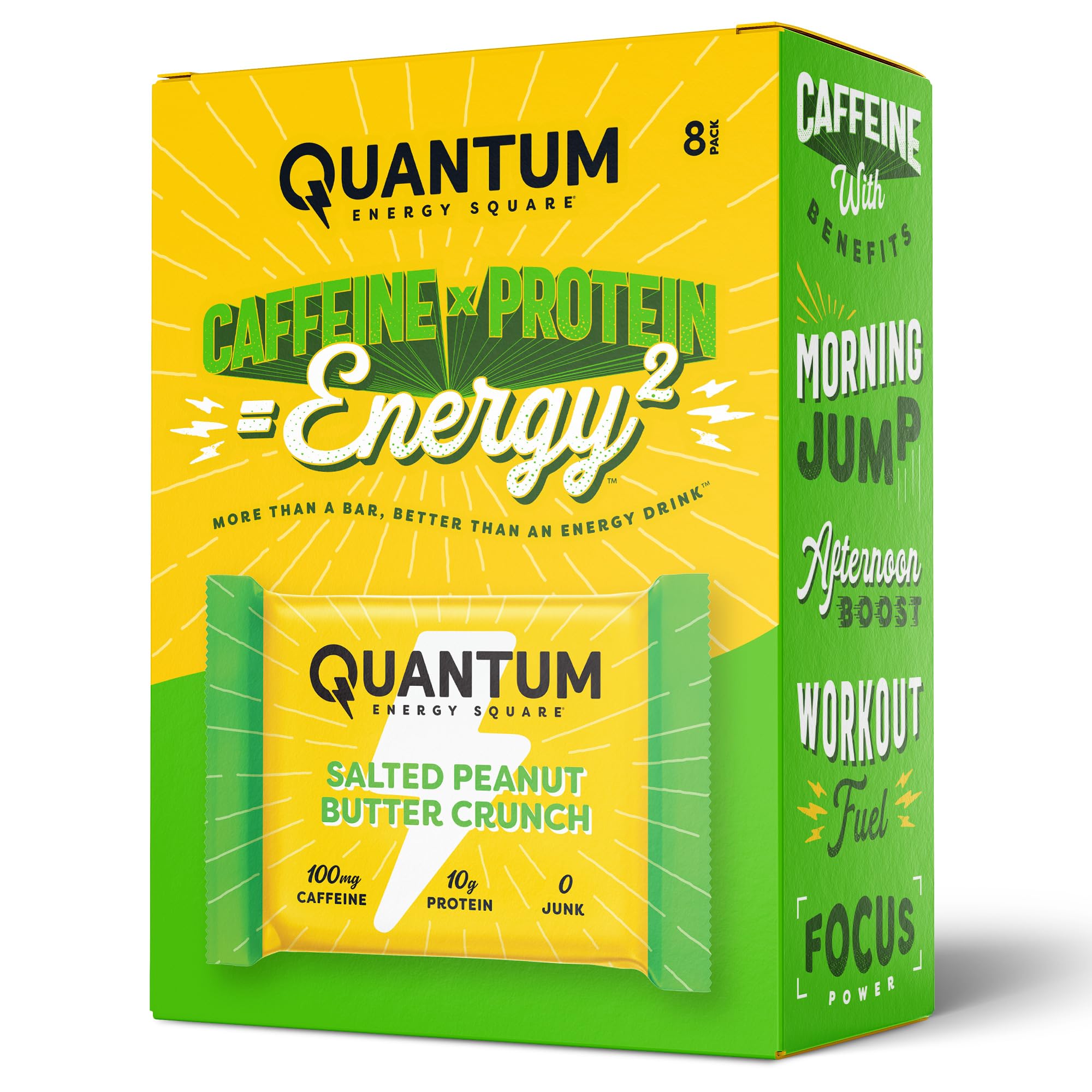 Quantum Energy Square packaging on shelf offers a convenient vegan energy boost.