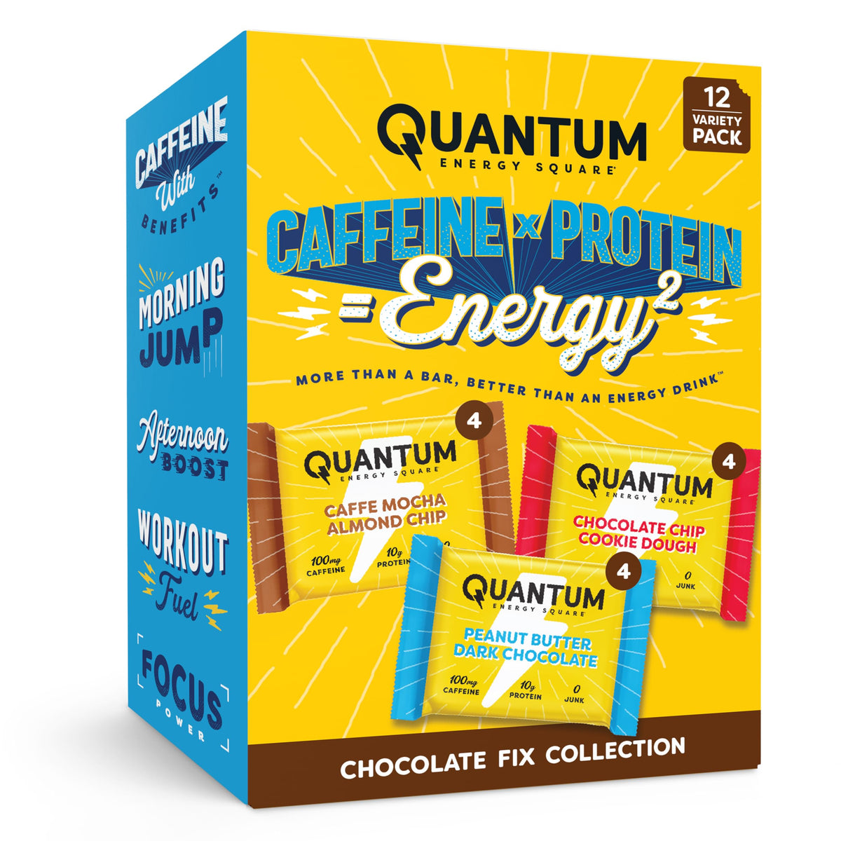 Quantum Energy Square peanut butter dark chocolate bar; energizing, portable snack for busy afternoons.