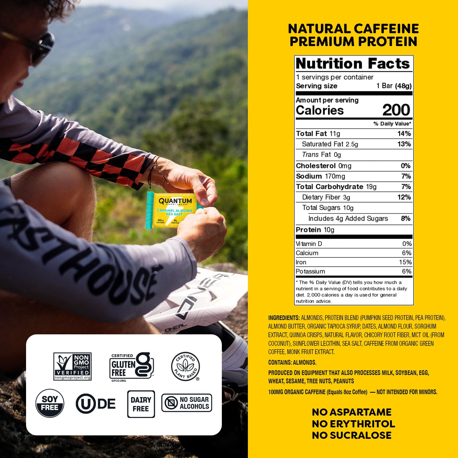 Quantum Energy Squares packaging highlights vegan gluten-free claims for clean snacking