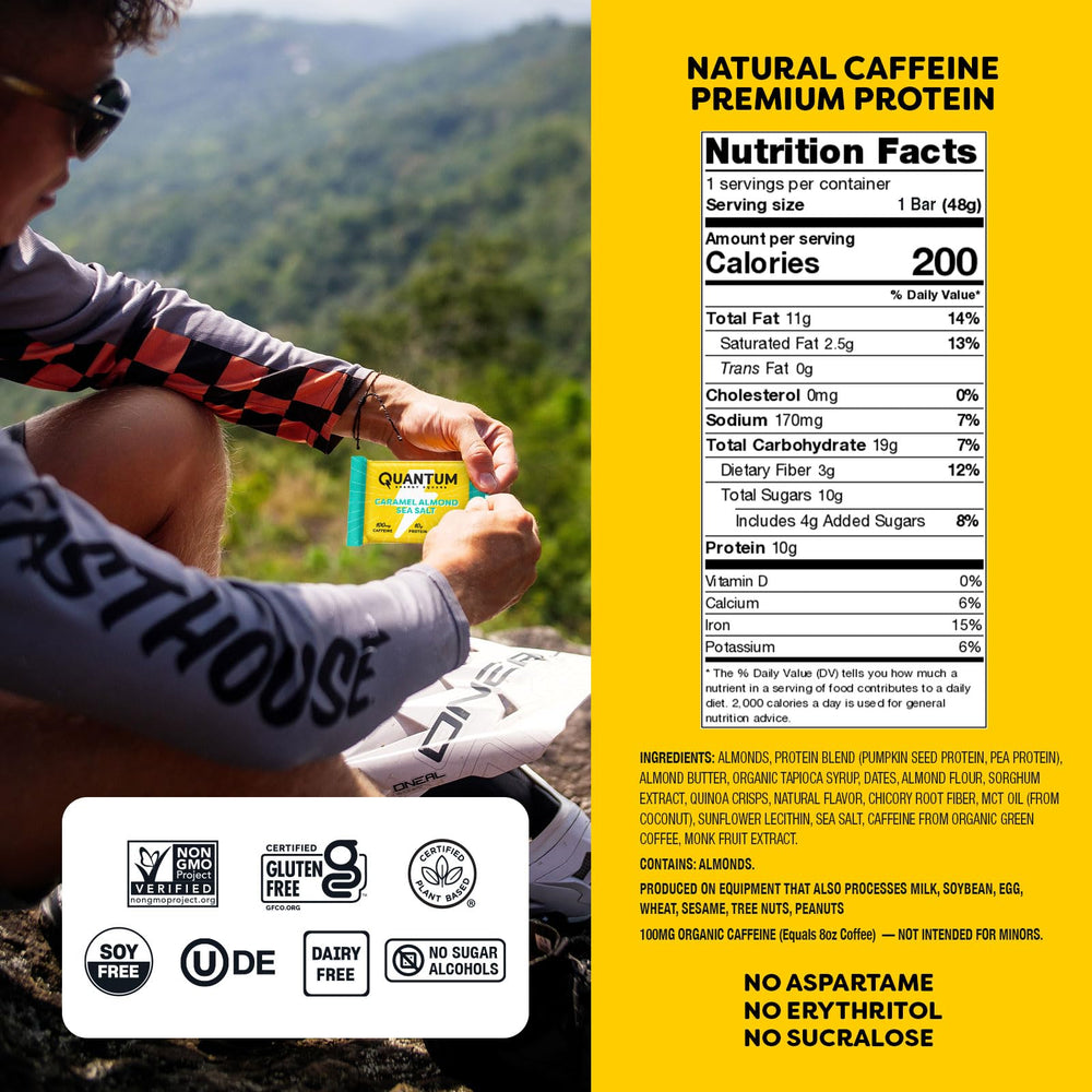Quantum Energy Squares packaging highlights vegan gluten-free claims for clean snacking