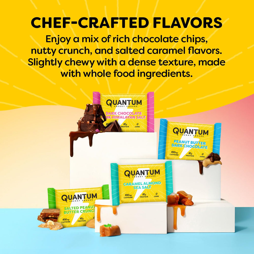 Close-up of Quantum Energy Squares label showing 100 mg natural caffeine.