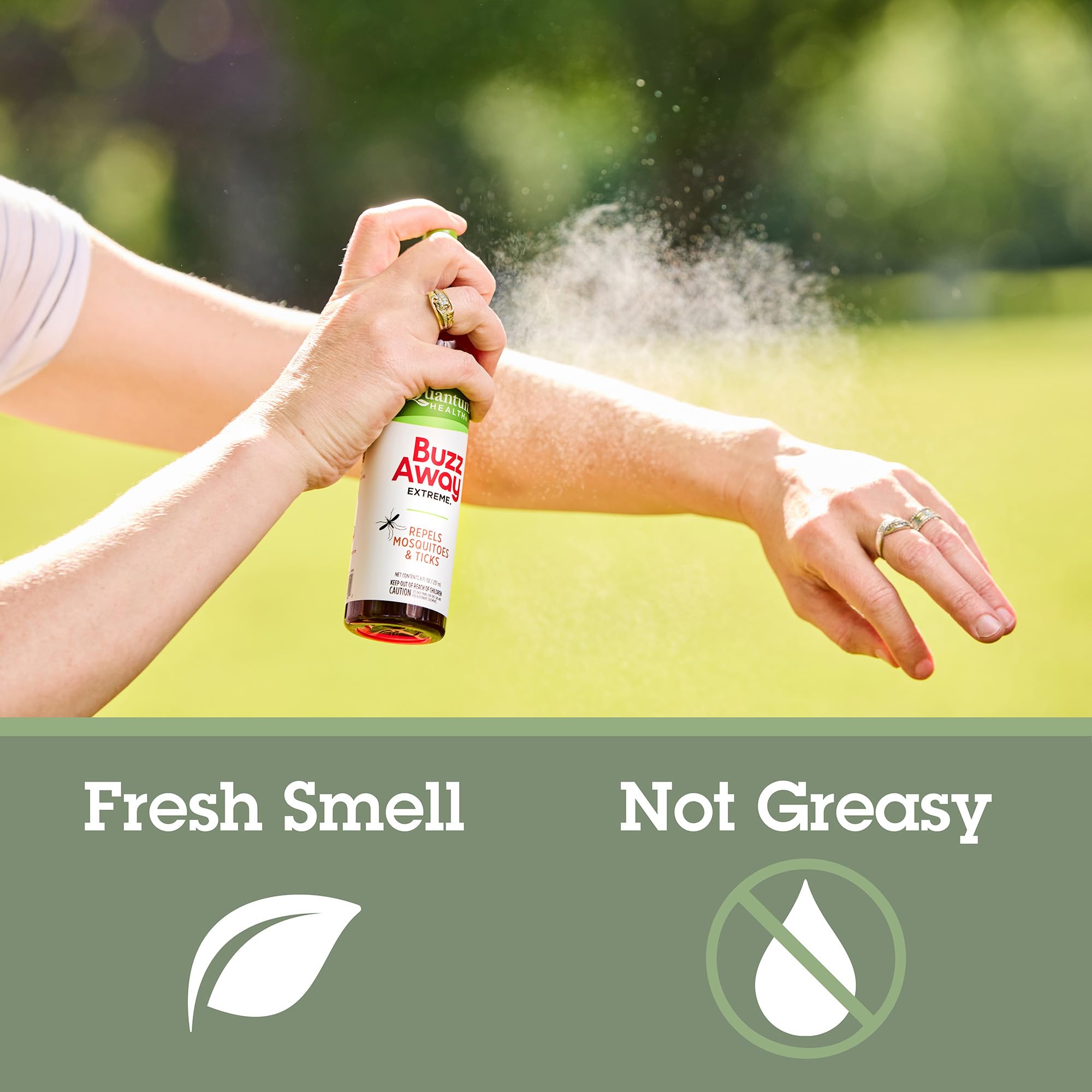 Quantum Health Buzz Away Extreme DEET-free formula gentle on skin and clothing.