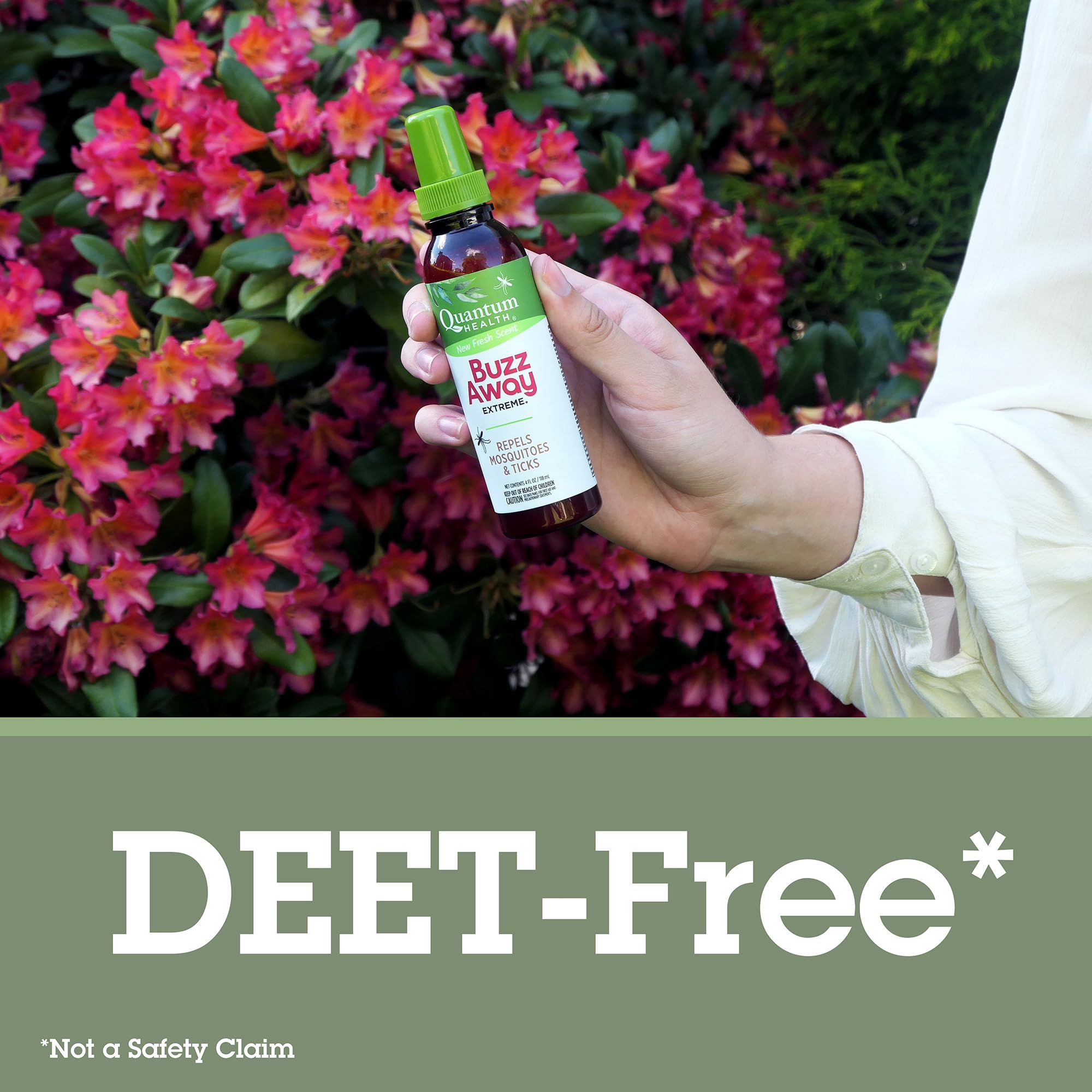 Quantum Health Buzz Away Extreme in a park setting shields mosquitoes during outdoor time.