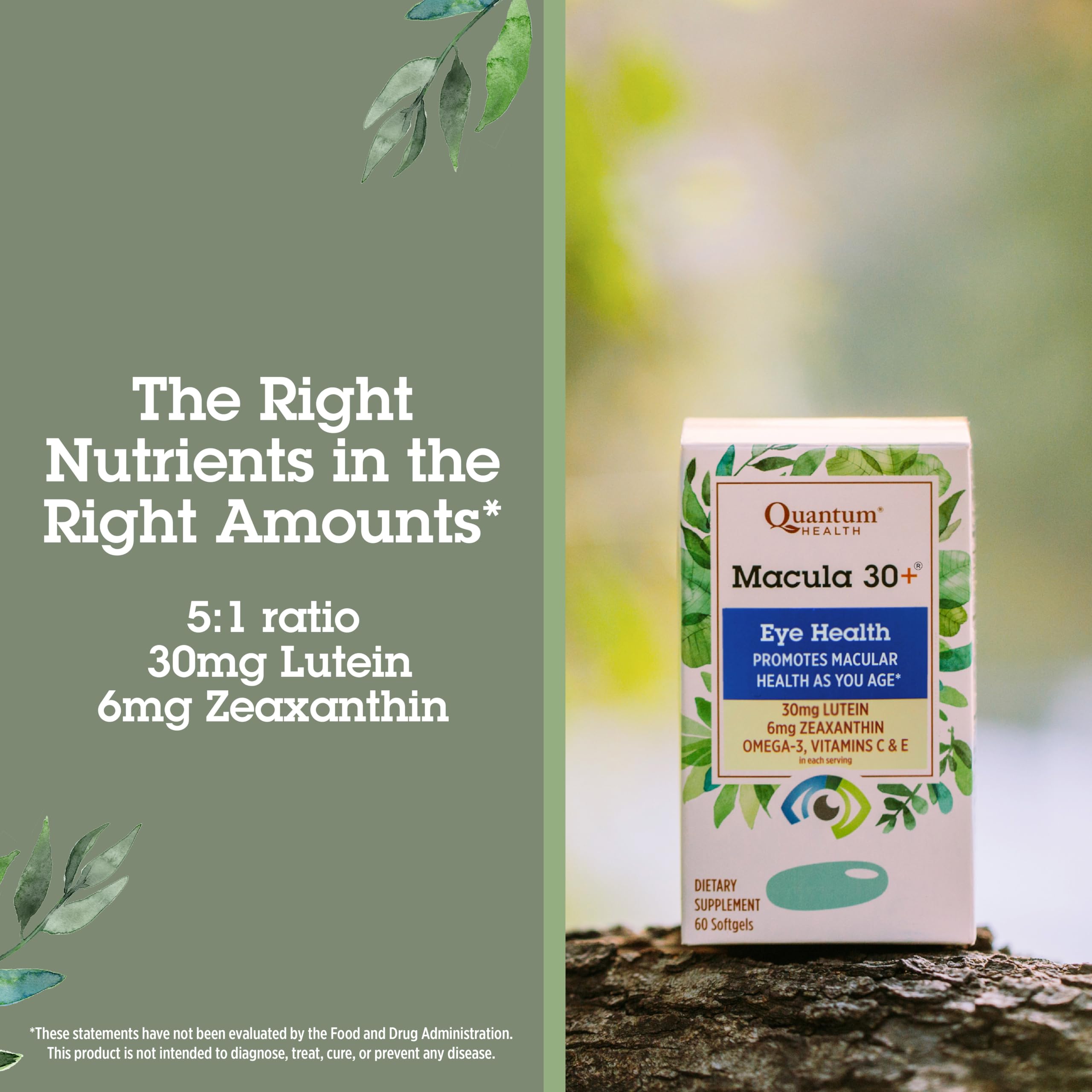 Quantum Macula 30+ bottle with glass of water for daily use