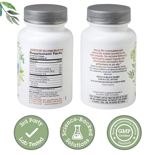 Quantum Macula 30+ softgels close-up with blue coating for easy ingestion