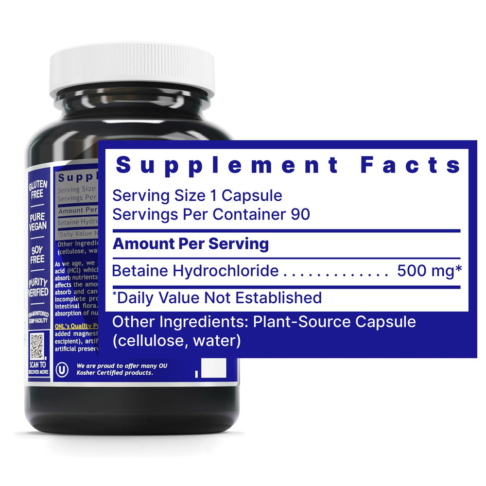 Close-up of Quantum Nutrition Betaine HCL label showing vegan capsules