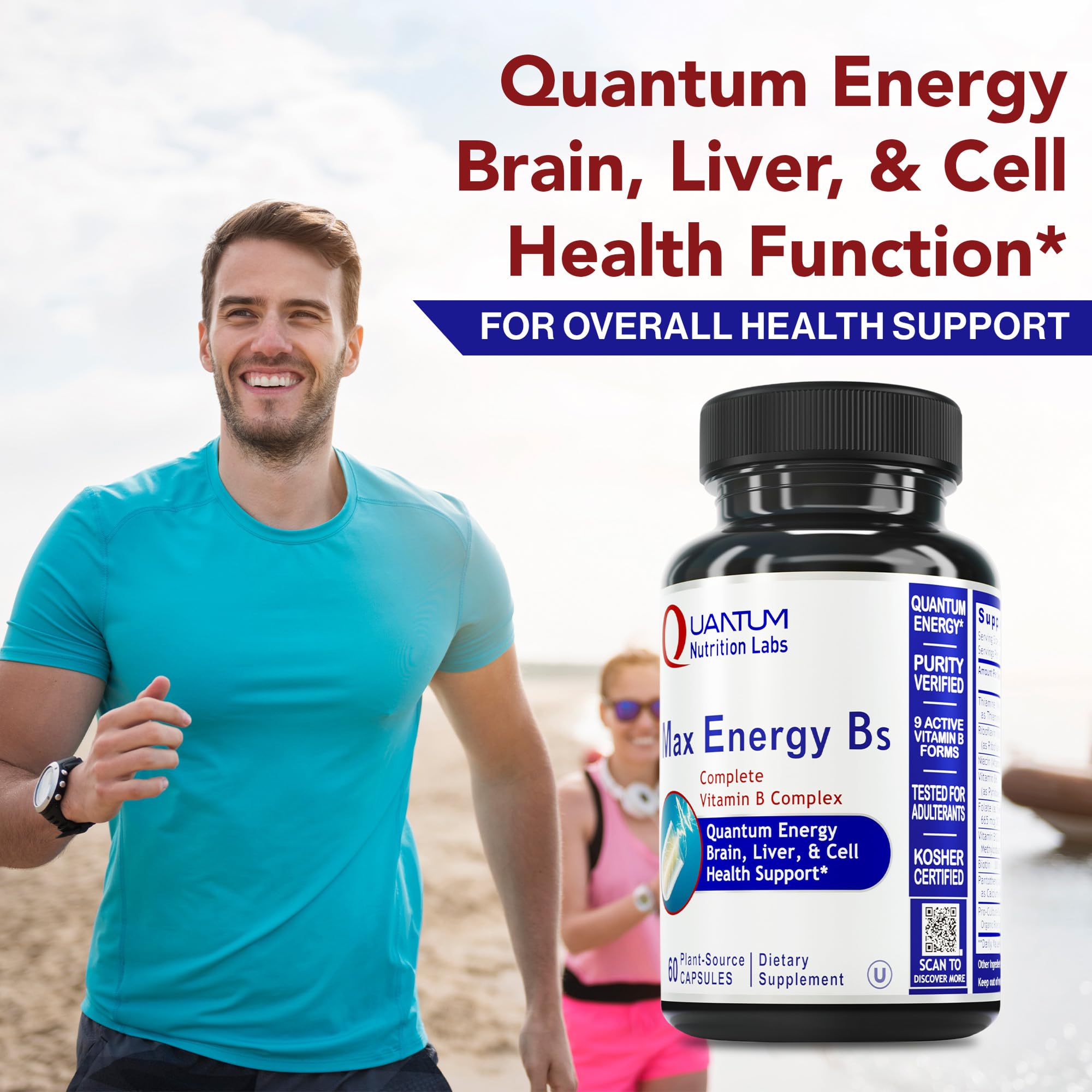 Quantum Nutrition Max Energy Bs active ingredients chart emphasizes nine B vitamins for cellular function