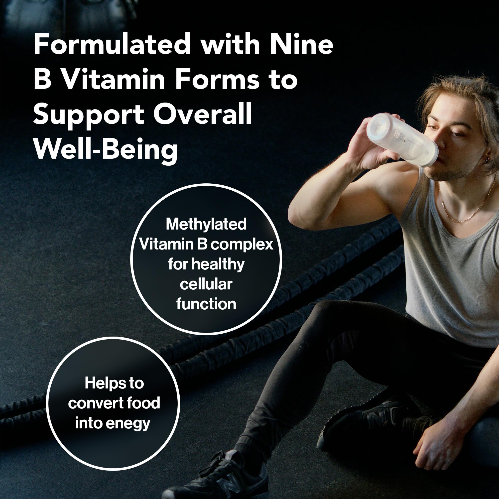 Quantum Nutrition Max Energy Bs bottle on desk conveys on-the-go wellness support