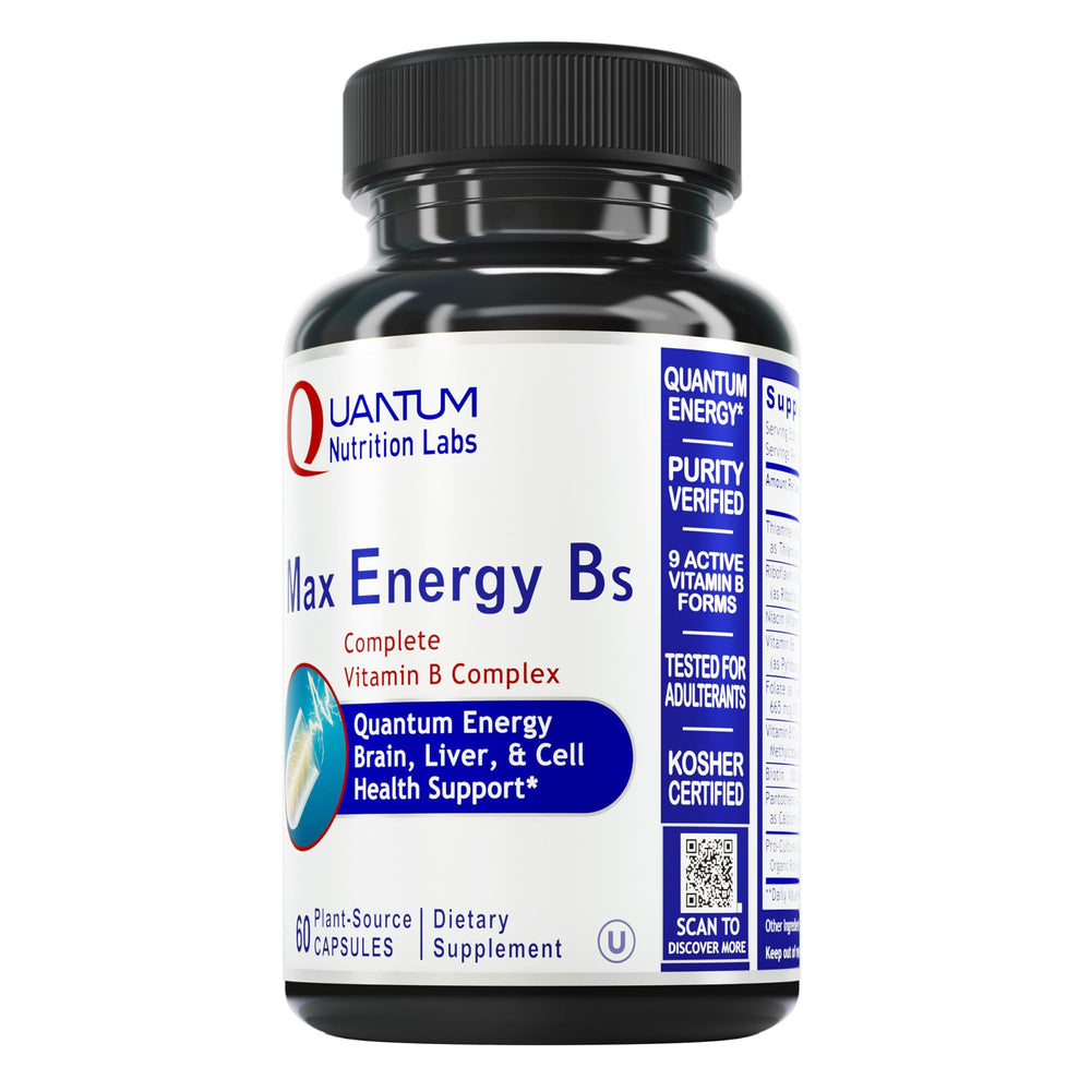 Quantum Nutrition Max Energy Bs bottle pour shows methylated B complex for daily vitality