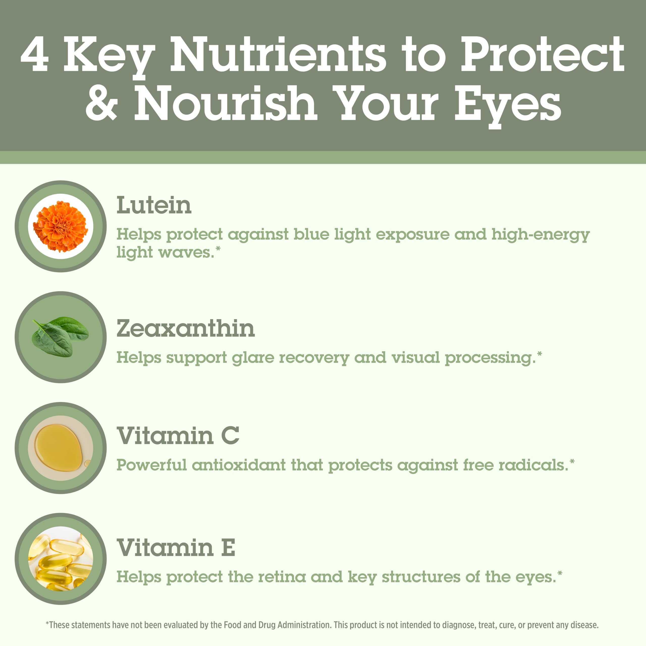 Packaging emphasizes healthy-looking eyes with vitamin E and C.