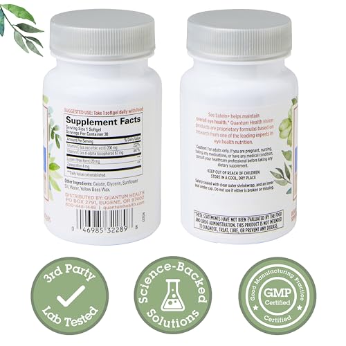 Close-up of See Lutein+ softgels highlighting lutein content.