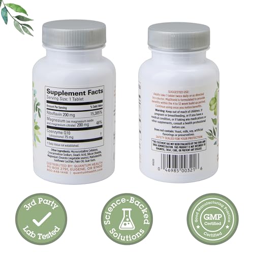 Quantum MigShield bottle label highlighting riboflavin and CoQ10 for energy support