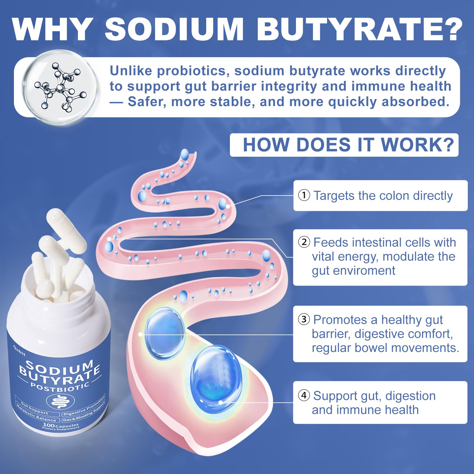 QUBIT sodium butyrate label close-up emphasizes odor-free postbiotic formula