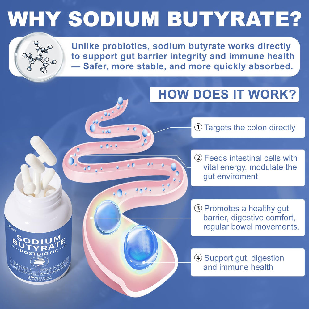 QUBIT sodium butyrate label close-up emphasizes odor-free postbiotic formula