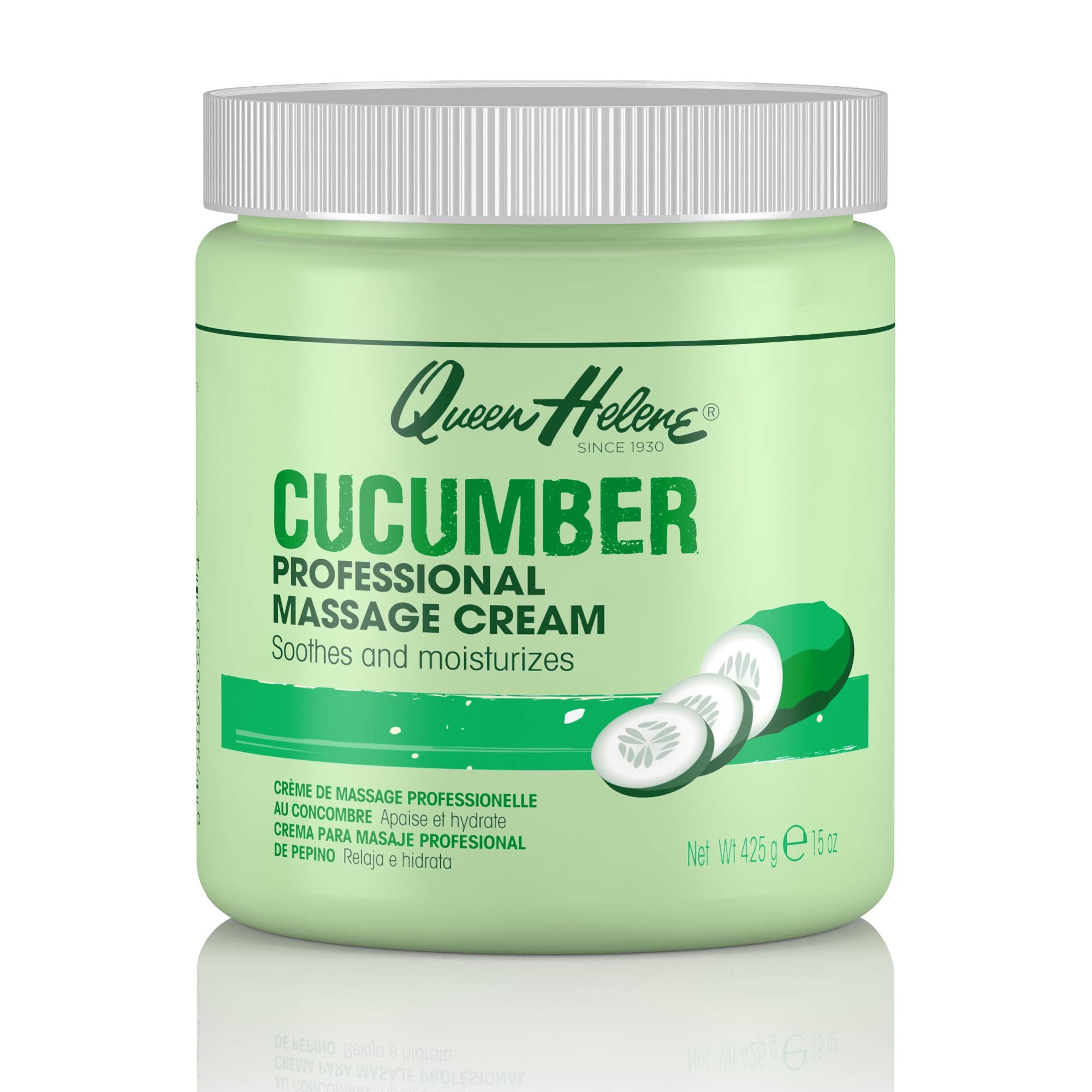 Queen Helene cucumber massage cream jar for spa-grade moisturization.