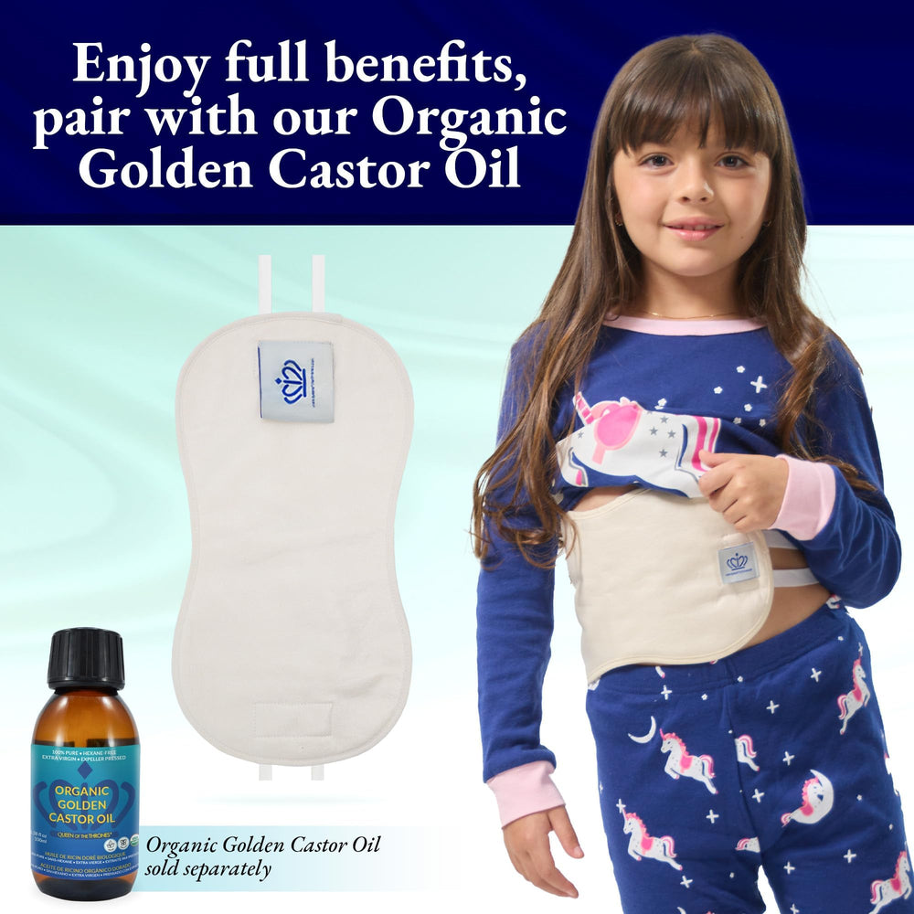 QUEEN OF THE THRONES Castor Oil Pack for Kids demonstrates easy oil application.