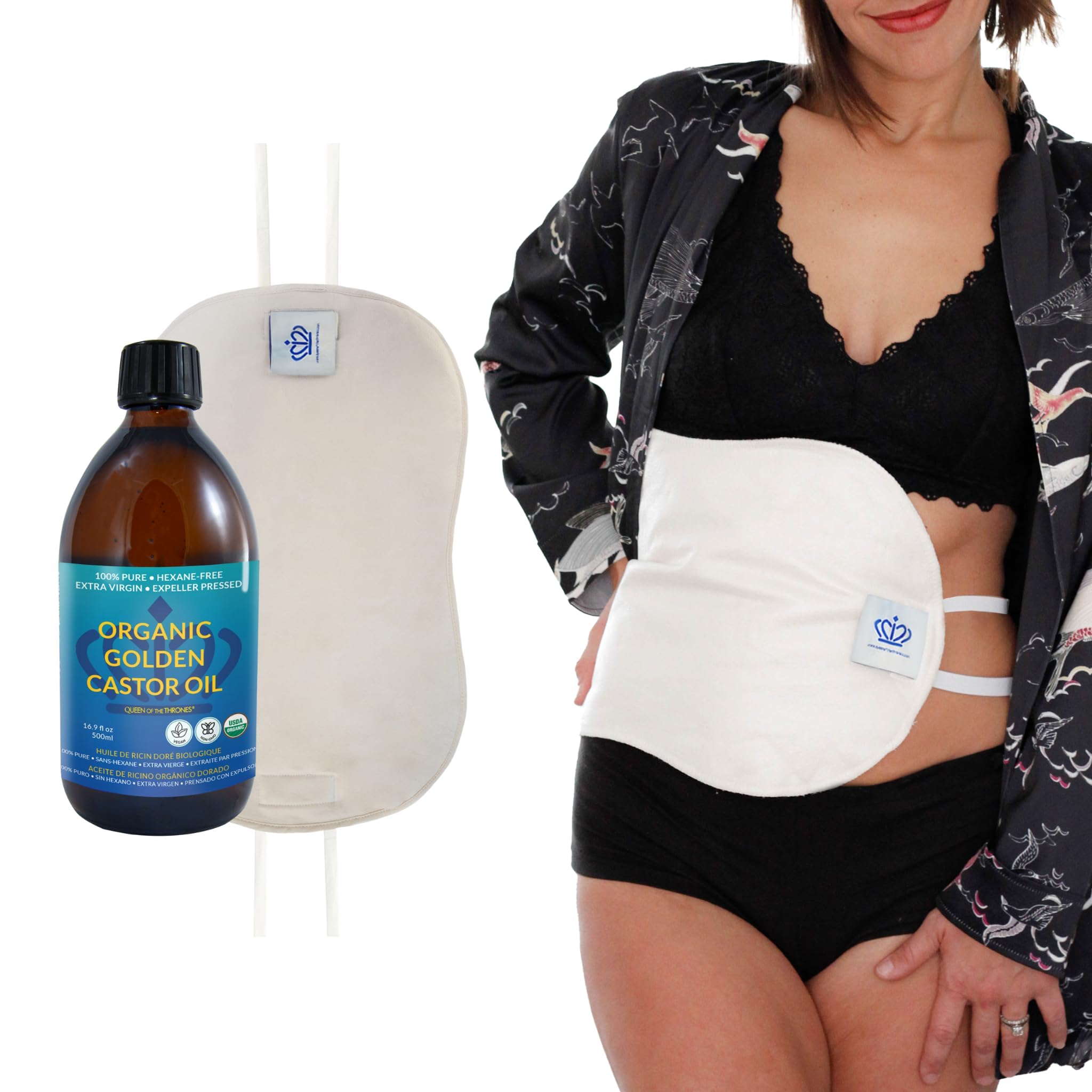 Queen of the Thrones castor oil pack placed on the liver area for natural self-care.